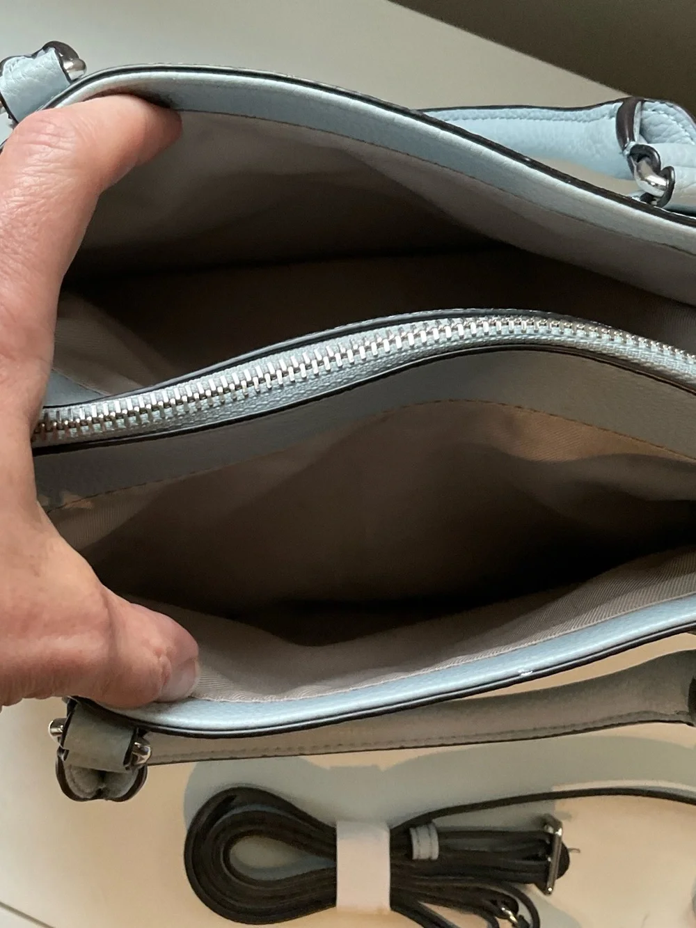 Nine West Tansy Faux Leather Satchel Crossbody Handbag, ice blue color, EUC